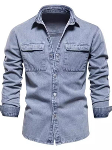 Men's Slim Fit Dark Wash Denim Shirt Long Sleeve Turn-<b>down</b> Collar Breathable Casual Solid Color Full Button Front Pockets - Product Image 6