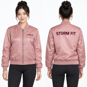 Chaqueta bomber de satén rosa personalizada, chaqueta cortavientos negra y blanca, abrigo con cuello alto y cremallera, chaqueta deportiva con logo personalizado - Product Image 1