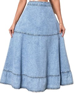 Jupe longue en jean taille haute pour femme, coupe trapèze, délavée, décontractée, style automne - Product Image 4