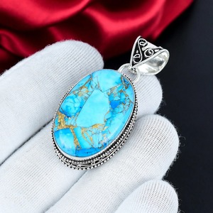 Blue <b>Copper</b> Turquoise Oval Bezel Setting Pendant Sterling Silver Plated Handmade Bohemian Women's Gemstone Jewelry - Product Image 3