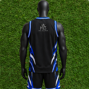 Ensemble d'uniformes de basketball unisexe les plus vendus, noir et bleu, sublimé, col en V, sans manches, anti-humidité, coupe athlétique, logo personnalisé - Product Image 2