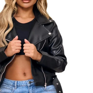 Veste en cuir noire pour femme, style motard, coupe slim, fermeture éclair, streetwear, veste en cuir personnalisée avec logo pour femme - Product Image 5