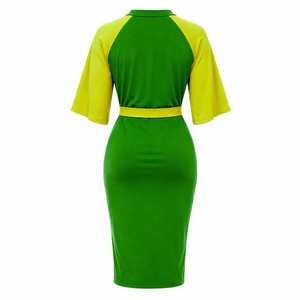 Vestido Midi Ajustado de Mujer Chi Eta Phi con Bloques de Color Verde y Amarillo en Contraste, Manga Capa, Detalle de Botones y Lazo en la Cintura - Product Image 5