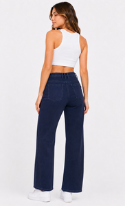 Vaqueros de mujer de cintura alta y pierna ancha en denim de algodón azul oscuro, corte holgado, largo completo, estilo casual para - Product Image 5