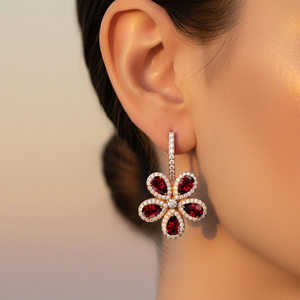 18K Rose Gold Natural Garnet Flower Cluster Latchback Drop <b>Earrings</b> Pear Shaped Precious Garnet Gemstone & Diamond <b>Earrings</b> ODM - Product Image 2