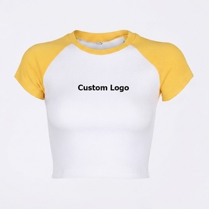 Women's White Blue <b>Raglan</b> Sleeve Crop <b>Top</b> Crew Neck Short Sleeve Casual T-Shirt With Custom Logo Breathable Knitted Polyester - Product Image 4