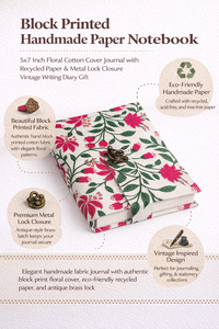 Block Printed Fabric Notebook Handmade Paper <b>Journal</b> Floral Cotton Cover Diary Metal Lock Closure Vintage <b>Writing</b> Book - Product Image 6