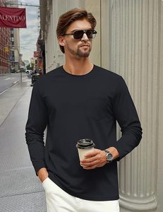Camisetas de Manga Larga para Hombre, Cuello Redondo, Algodón, con Bolsillo, Absorben la Humedad, Suaves y Cómodas, Camisetas Casuales - Product Image 5