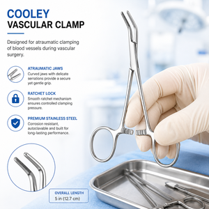 Pince vasculaire COOLEY extra petite à tiges droites, mâchoire à occlusion partielle 1-1/8 po (2,9 cm), longueur totale 4-5/8 po (11,7 cm) ZETOMEDPRO - Product Image 3