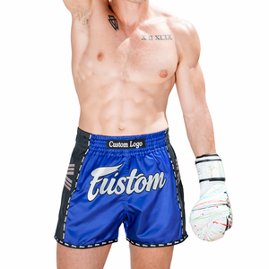Shorts de kickboxing athlétiques bleus, coupe ajustée, shorts de Muay Thai, shorts de boxe en satin, vêtements d'entraînement, fabricant OEM - Product Image 1