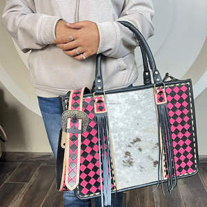 Conjunto de 2 Piezas: Bolso Tote de Cuero Genuino a Cuadros y Cartera de Mano de Cuero Vacuno Grabado a Mano, Novedad 2026 - Product Image 4