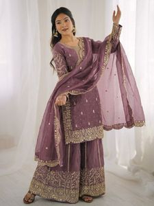 Designer Mauve Purple Sharara Suit Set with Dupatta Heavy Embroidery Sequence Work Festive Wedding <b>Party</b> Wear Outfit - Product Image 3