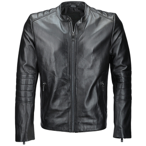 Men's Black PU Leather Moto Biker Jacket Stand Collar Zipper Closure Slim Fit Autumn Wear Regular Sleeve Solid Color - Product Image 1
