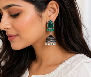 Factory Direct Pink Teardrop Stone Jhumka <b>Earrings</b> for Women Antique <b>Silver</b> Tone Ghungroo Bell Indian Tribal Statement Jewelry - Product Image 6