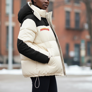 YOURBRAND Hooded Puffer <b>Jacket</b> <b>Winter</b> Thick Warm Stand Collar Color Blocking Front Logo Casual Windproof Zipper Closure - Product Image 1