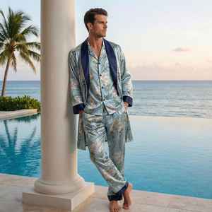 Bata de Baño Floral Azul Cielo para Hombre, Conjunto de Seda Mítica, Ropa de Estar de Lujo para Resort, Bata Estilo Kimono para Hombre - Product Image 2