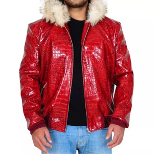 <b>Mens</b> Custom Tailored Crocodile Embossed <b>Sheepskin</b> <b>Leather</b> Hooded Bomber <b>Jacket</b> Fur Trim - Product Image 3