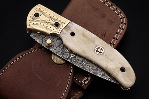 Couteau pliant artisanal PERKIN STEEL INDUSTRIES en acier Damas pour la chasse, avec étui en cuir OEM, pour le camping et la survie - Product Image 2