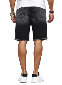 Shorts en jean noir streetwear personnalisés pour homme, coupe slim, en denim épais avec détails déchirés et motif étoile blanche - Product Image 3