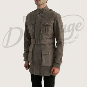 เสื้อแจ็คเก็ตหนังกลับสีเทาสำหรับผู้ชาย ทรงสลิมฟิต หลายกระเป๋า มีเข็มขัด  สไตล์ซาฟารี  เสื้อโค้ทหนังแท้แนวทหาร - Product Image 5