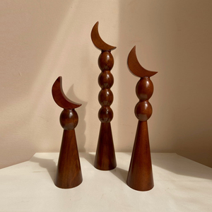 Premium Brown Gloss Wooden Moon Finial Set. Elegant <b>Stacked</b> Bead Design Pillars For Classic Home Luxury & Eid Tabletop Decor - Product Image 3