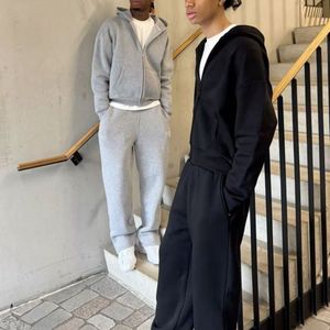 Ensemble de survêtement 2 pièces pour homme, couleur unie, sweat-shirt à capuche avec fermeture éclair et poches latérales, coupe classique, style décontracté tendance - Product Image 2