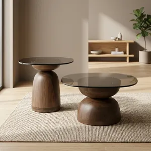 Modern Round <b>Side</b> <b>Table</b> With <b>Glass</b> Top And Wooden Base Handmade Living Room Furniture - Product Image 6