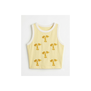 Women's Yellow Palm Tree Pattern Embroidered Tank <b>Top</b> O-Neck Short Length Casual Style Breathable Daily Wear Spring/Summer Style - Product Image 1