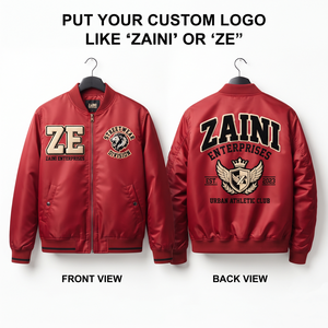Blouson bomber en satin de polyester lourd 320 GSM, rouge, coupe classique, broderie personnalisée, logo en patch chenille - Product Image 1