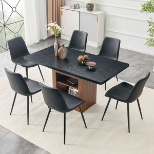 Set da Pranzo Espandibile 59-71 Pollici con 6 Sedie Curve in PU Artificiale Nero, Set da Sala da Pranzo Allargato - Product Image 1
