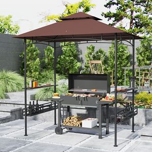 Gazebo BBQ da Esterno Marrone Scuro 8x5 con Tetto a 2 Livelli, 2 Ripiani Laterali, Cesti Portaoggetti e Ganci per Soffitto - Categoria Prodotto: Pergola Gazebo - Product Image 2