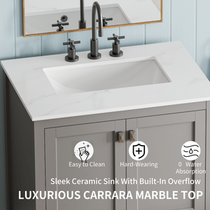 Mobile bagno freestanding da 30 pollici con piano in marmo ingegnerizzato Carrara e lavabo rettangolare in ceramica - Product Image 2