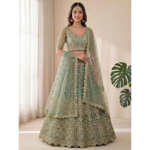 Girls Ethnic Embroidered <b>Green</b> Lehenga Choli in Soft <b>Net</b> with Customized Design - Product Image 1