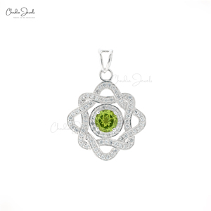 Colgante Floral de Plata de Ley 925 con Diamantes para Niños, Gema de Peridoto de Corte Brillante de 6 mm, Chapado en Oro de 14K, Ideal para Bodas, Superventas - Product Image 1