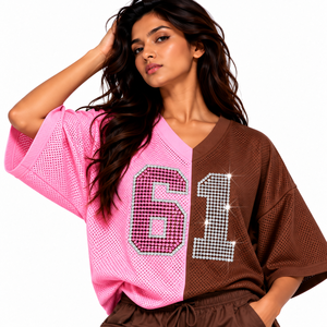 Trendy Women's Pink Brown Split Color <b>Rhinestone</b> <b>Mesh</b> Jersey Oversized V Neck Short Sleeve <b>Top</b> Custom Number - Product Image 3