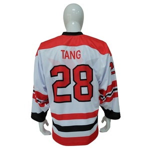 Camiseta de Hockey sobre Hielo para Hombre Tang 28, Blanca, Roja y Negra, Manga Larga, Sublimada, Absorbe la Humedad, Corte Regular, Ropa de Equipo, Protección Anti-UV - Product Image 1