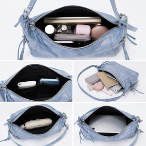 Sac bandoulière tendance en PU avec breloque étoile, fermeture éclair, motif litchi, bleu denim, rose, noir, pour usage quotidien - Product Image 4