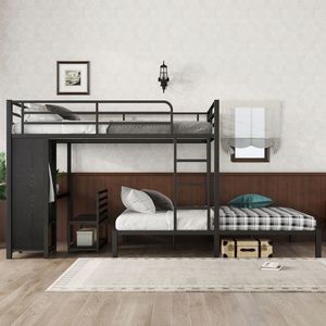 Letto a castello Queen Size con armadio integrato, scrivania e sedie con contenitore, in metallo nero - Product Image 2