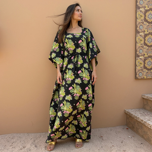 Amoureux de la nature femmes cactus fleur imprimé désert caftan tropical voyage amical respirant coton tissu noir caftan - Product Image 2