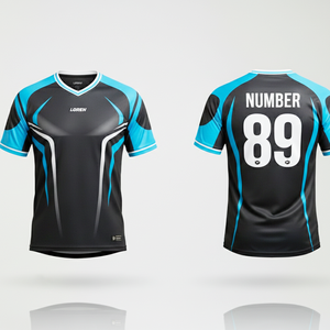 Maillots de football professionnels sur mesure, service OEM, 100% polyester, col en V court, respirant, séchage rapide, noir, bleu ciel - Product Image 1