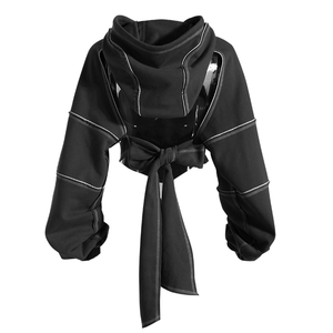 Sudadera Corta con Capucha Negra para Mujer, Manga Farol, Dobladillo Asimétrico, Tejido de Algodón, Largo Completo, Ropa de Otoño - Product Image 2