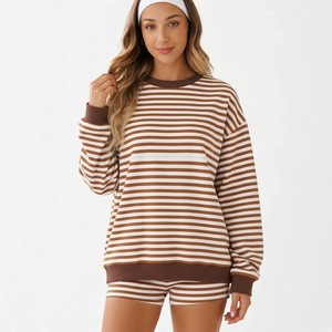 Ensemble sweat-shirt et short rayé pour femme, prix d'usine, coupe ample décontractée, coton, tenue 2 pièces, printemps-été - Product Image 1