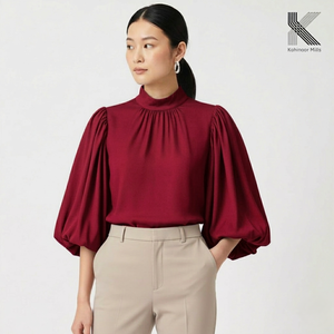 OEM Women Blouse 100% Lyocell Shirt 235 GSM Elegant Puff Sleeve <b>Mock</b> <b>Neck</b> Casual Lady <b>Top</b> - Product Image 3