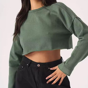 Women's Cropped Crew Neck Sweatshirt Solid Color Long Sleeve Casual <b>Top</b> Knitted Loose Fit All Seasons - Product Image 1