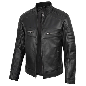 Blouson en cuir véritable pour homme, coupe ajustée, style motard, vintage, noir, col montant, vêtement d'extérieur - Product Image 3