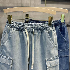 Pantalones cortos de mezclilla para hombre, estilo coreano, de verano, finos, holgados, de trabajo, de cinco puntos, con cintura elástica, de algodón, rectos, estilo urbano. - Product Image 2