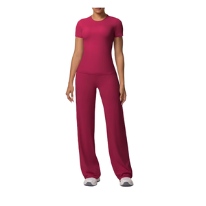 Wholesale Solid Color Breathable Lightweight Four-Way Stretch Sportswear Custom Logo <b>Short</b> Sleeves 2-Piece <b>Gym</b> Set <b>Women</b> - Product Image 3