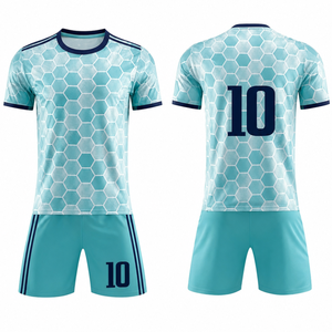 Conjunto de Uniforme de Fútbol Personalizado Azul Cielo de Alta Demanda con Ribete Azul Marino y Jersey y Pantalones Cortos Sublimados con Diseño de Panal de Abeja - Product Image 3