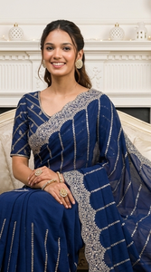 AARA Fashion Elegante Saree de Seda Azul Marino con Bordado Plateado, Estilo Tradicional Indio Pakistaní para Mujer, Ideal para Bodas - Product Image 3