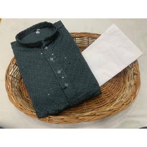 Kurta Tradicional de Rayón con Diseño de Secuencia Codificada y Pijama Gris - Product Image 1